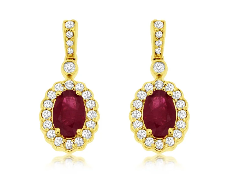 Oval Ruby and Diamond Halo Drop Earrings