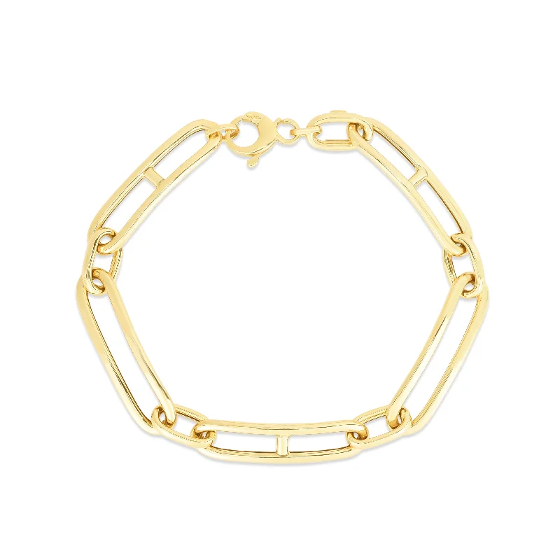 14K Gold 7.4mm Elongated Alternating Mariner Link Bracelet