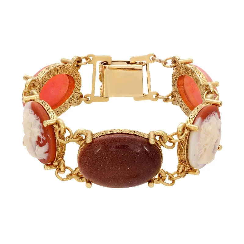 1928 Jewelry Oval Cameo & Genuine Goldstone Link Bracelet