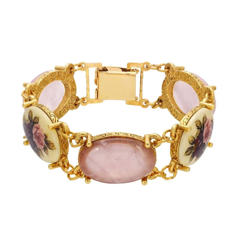 1928 Jewelry Manor House Pink & Purple Floral Stone Rose Quartz Link Bracelet