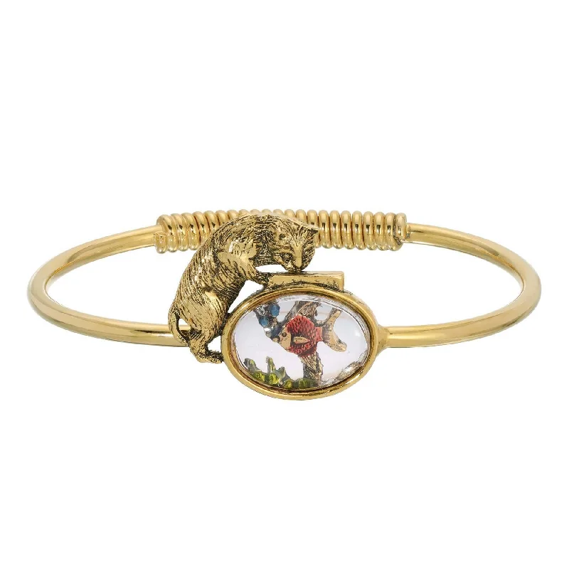 1928 Jewelry Whimsical Cat & Fish Bowl Spring Hinge Bracelet