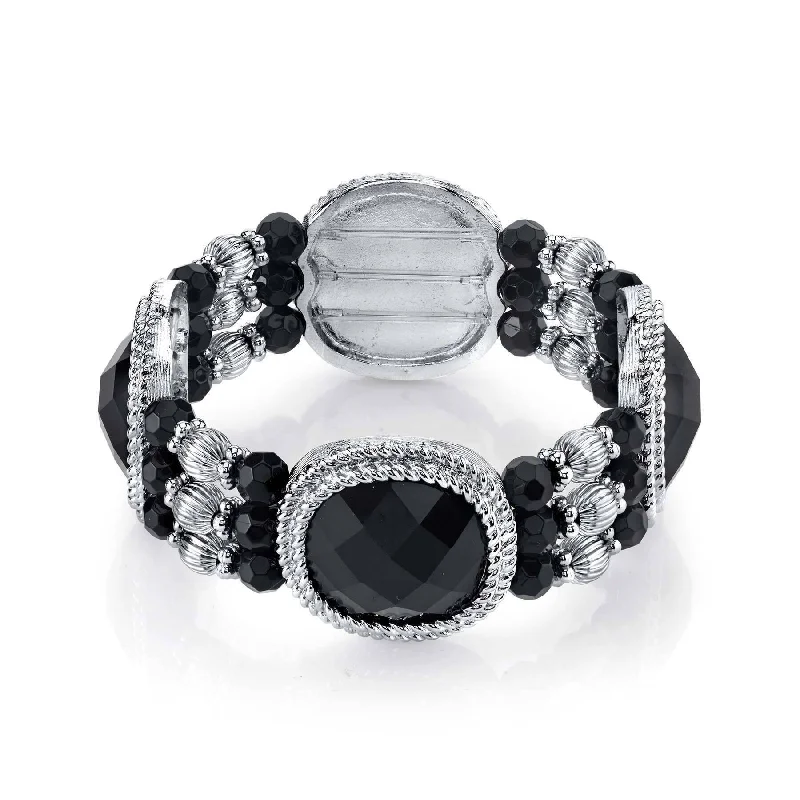 2028 Jewelry Jet Black Faceted Stones & Beaded Stretch Bracelet