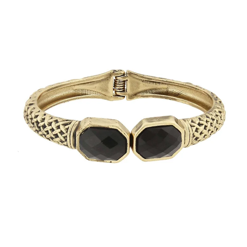 2028 Jewelry Antiqued Textured Cuff Bracelet With Faceted Black Stones