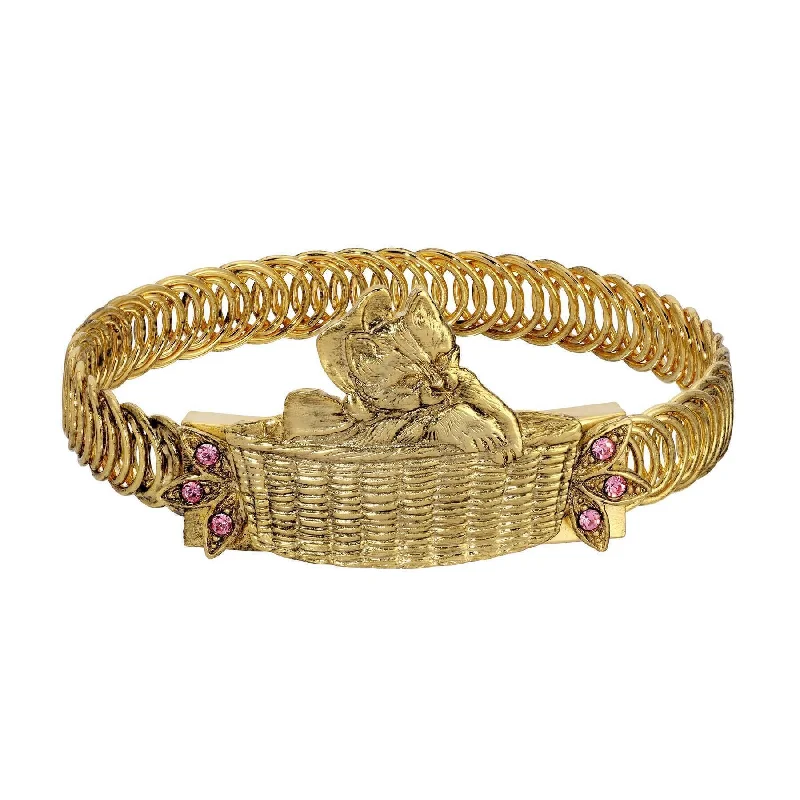 1928 Jewelry Bowtie Kitten In A Basket Pink Crystal Belt Bracelet