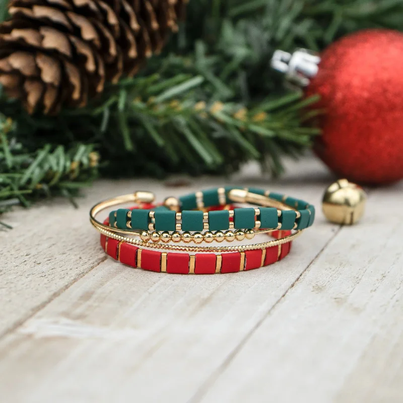 JINGLE - Red, Green & Gold Holiday Bracelet Stack