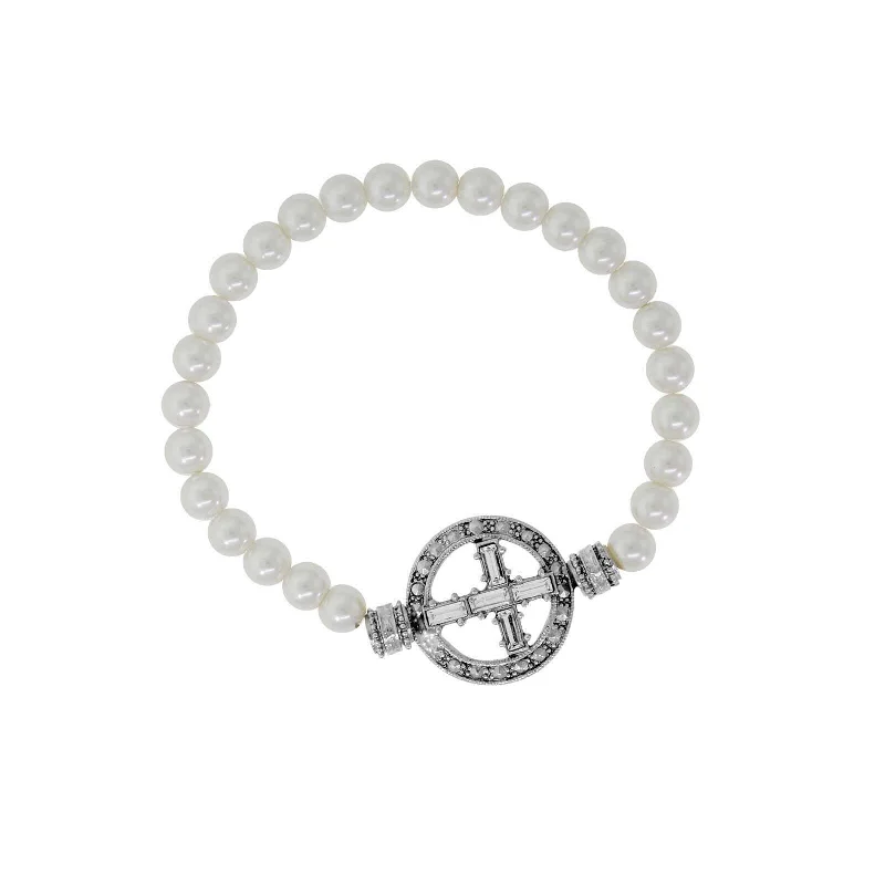 Symbols Of Faith Pewter Crystal Cross Faux Pearl Stretch Bracelet