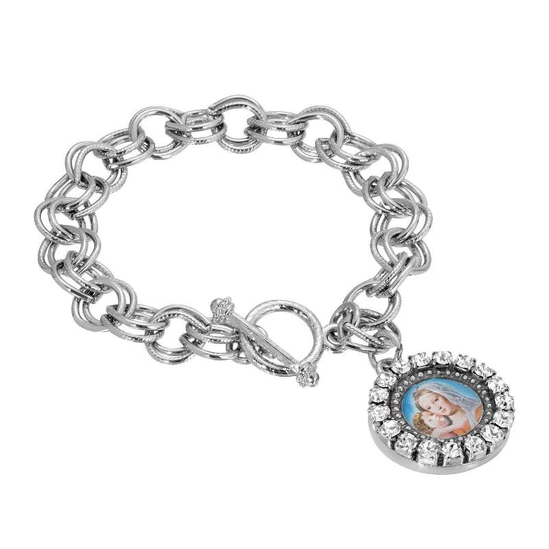 Symbols Of Faith Round Crystal Mary and Child Charm Toggle Bracelet