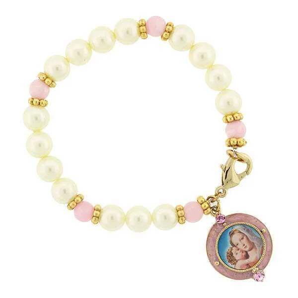 Symbols Of Faith Faux Pearl Pink Bead Crystal Accent Mary And Child Charm Bracelet