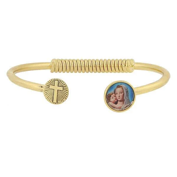 Symbols Of Faith Sping Hinge Bracelet With Cross And Mary And Child Decal Accent