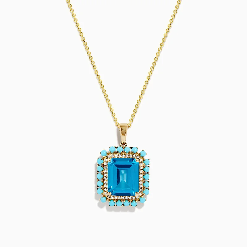 14K Yellow Gold Blue Topaz, Turquoise and Diamond Pendant