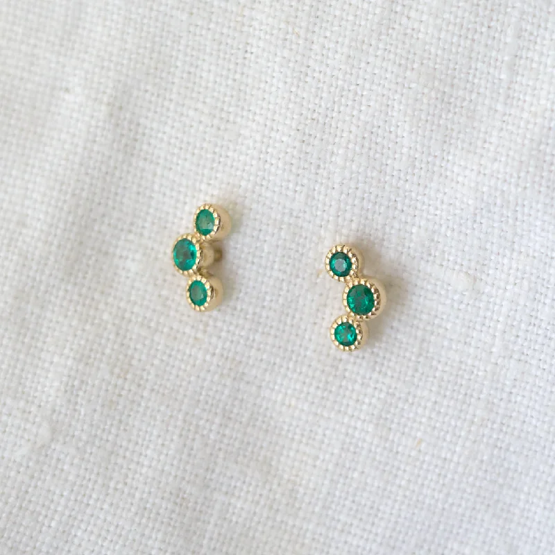 Emerald 3 Stone Millgrain Cluster Studs