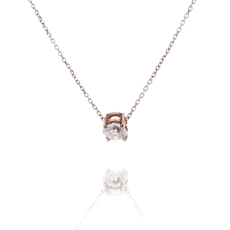 Estate 14 Karat Rose Gold Slide Through Solitaire 4 Prong Diamond Pendant Cable Necklace