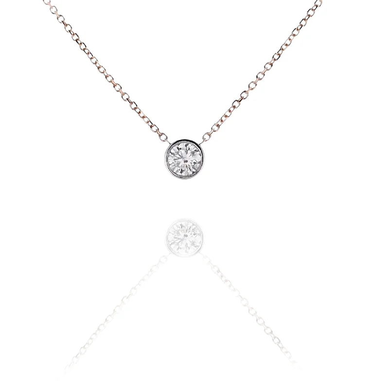 Estate 14 Karat Two Tone White Gold Solitaire Diamond Pendant Rose Gold Chain Necklace