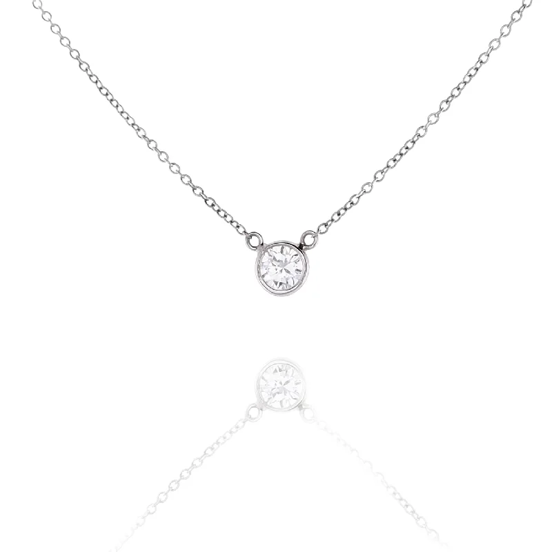 Estate 14 Karat White Gold Solitaire Bezel Set Diamond Pendant Necklace